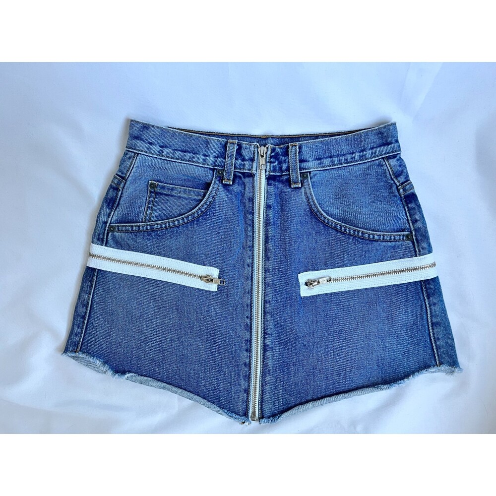 Carmar Y2K Rigid Denim Jean Zip Mini Skirt Size 27 90s Retro Grunge Medium Wash
